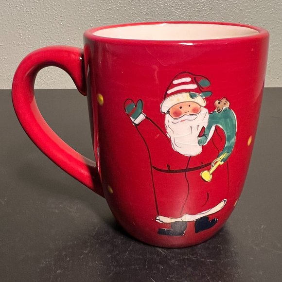 Pair of WORLD MARKET Hand Painted Christmas Mugs  ~ Santa Claus ~ Christmas Tree - Picture 2 of 15